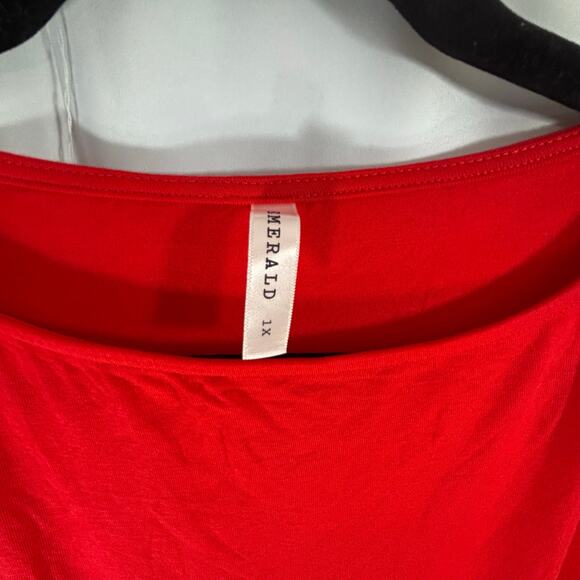 Emerald Red Blouse 1X Floral Chiffon Sleeves Pockets Vacation Summer Top - Picture 3 of 4